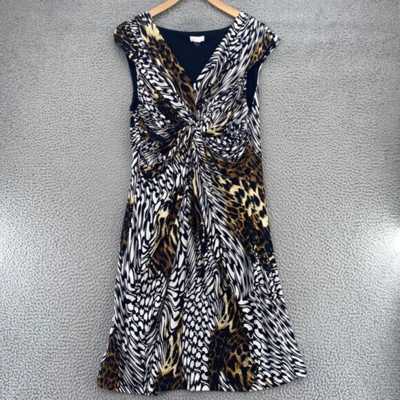 Chicos Dress Women 2 US Large Black Animal Print Mix Knot Front Knee Length Knit - Picture 1 of 10